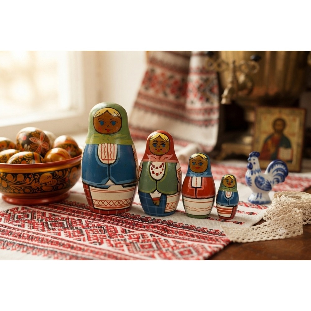 Vintage Hand Painted Russian Nesting Dolls Matryoshka Set of 4 Wooden Folk Art